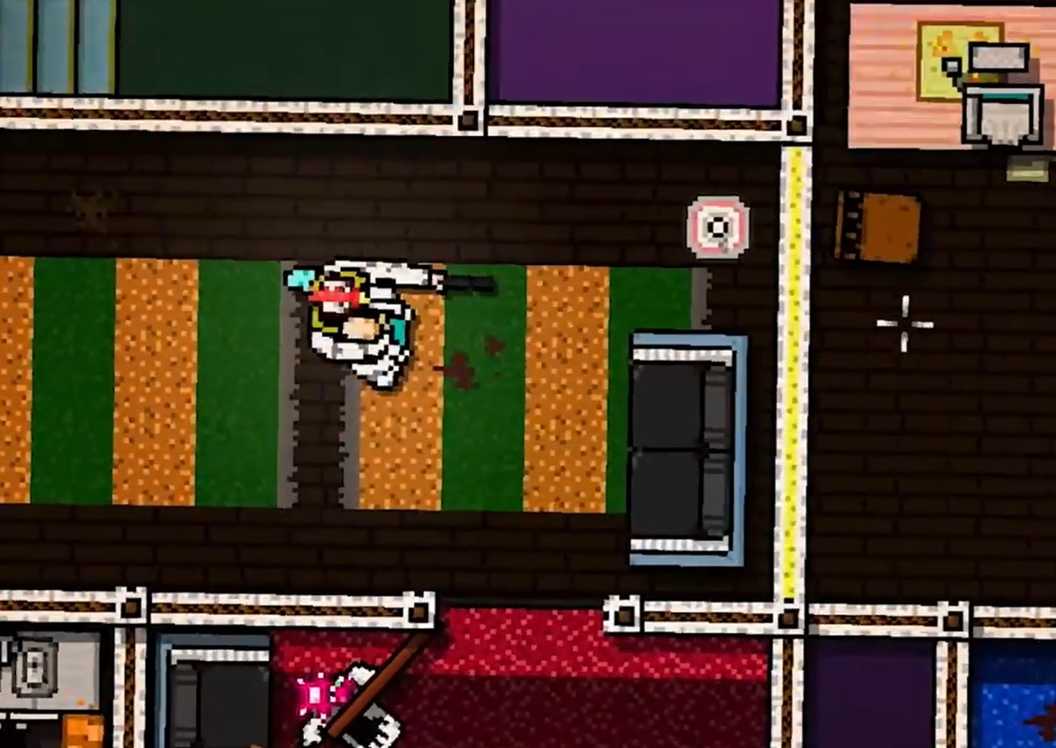 Perisai manusia di Hotline Miami, menunjukkan fitur rahasia gameplay