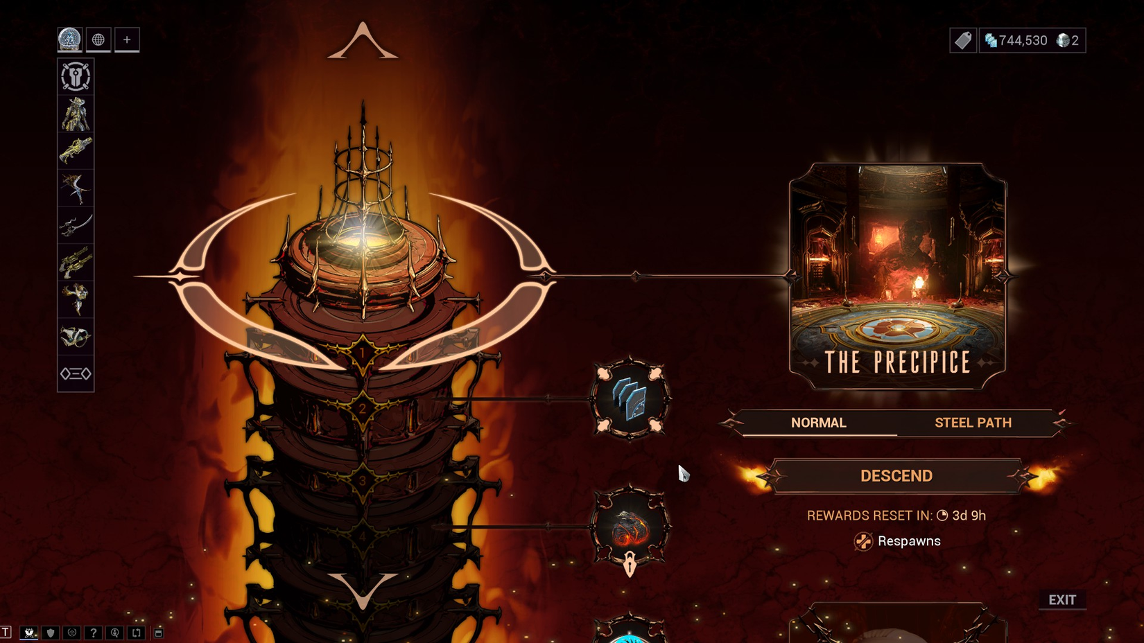 Tela do Warframe Descendia