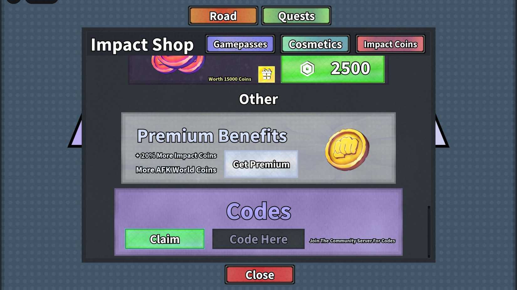 Impact Arena on the codes tab