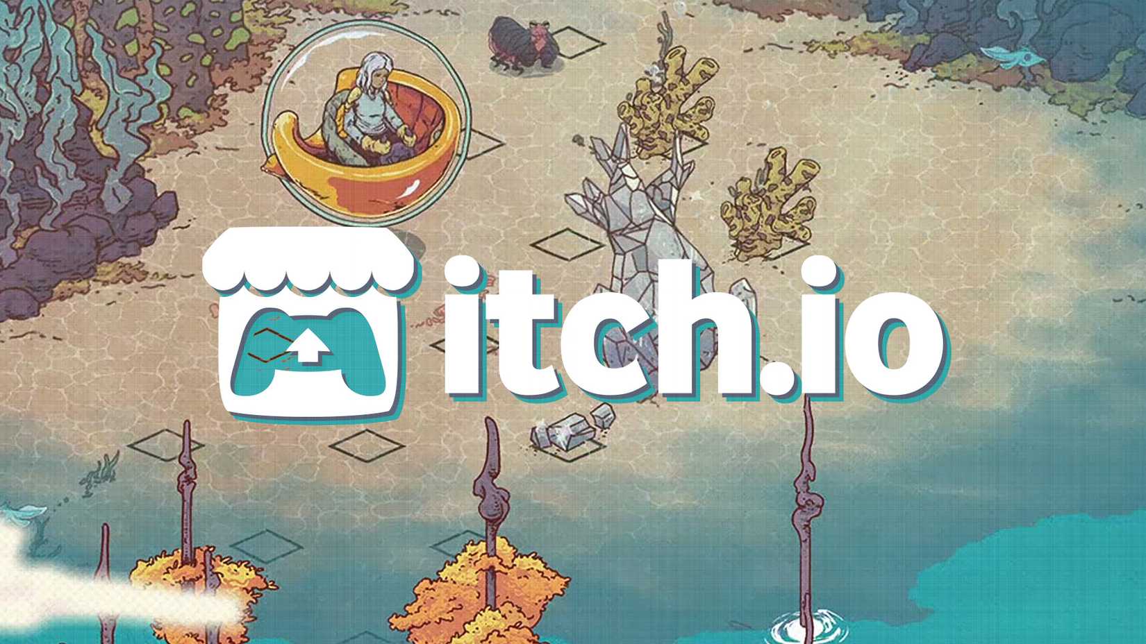 Itch.io logo over Aquamarine Explorer's Edition beach screenshot