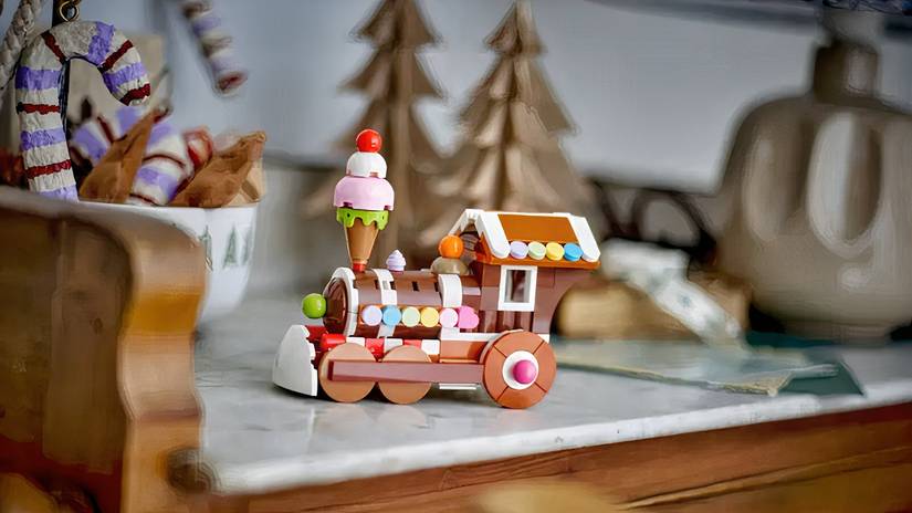 LEGO Gingerbread Train Ornament on table