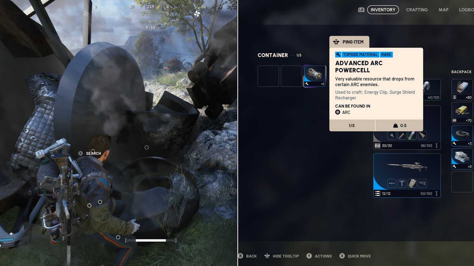 Saqueando um Bombardeiro para obter ARC Powercells ARC Raiders avançados