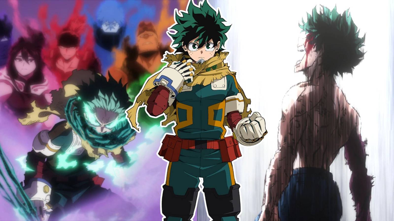 A collage of some of Deku's most overpowered moments in My Hero Academia.