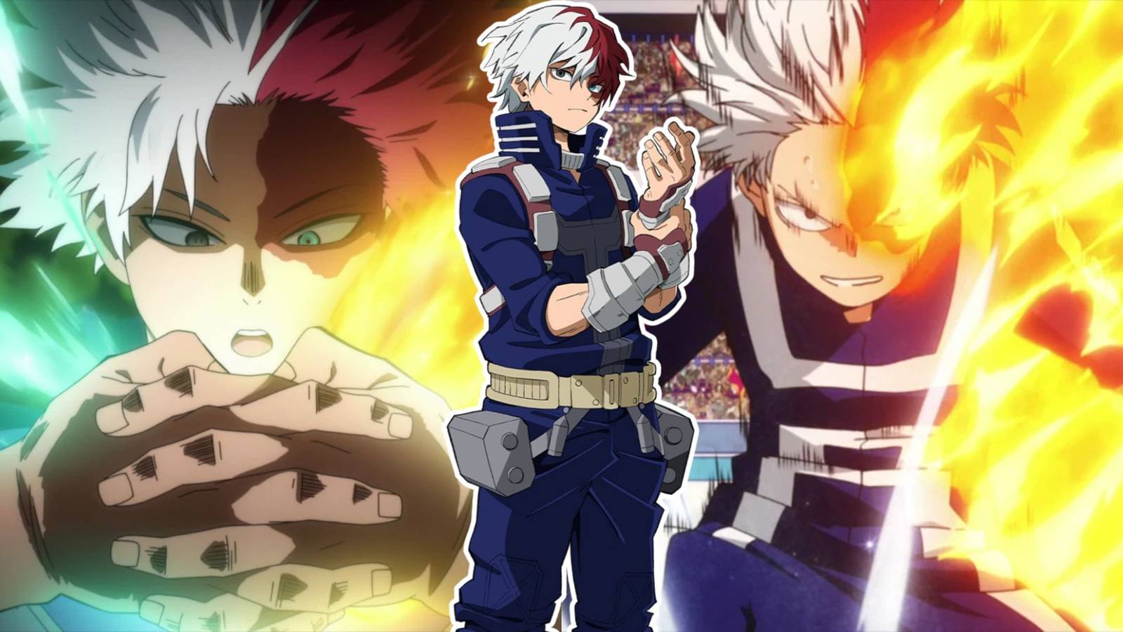 A collage of some of Shoto Todoroki's most OP moments in My Hero Academia.