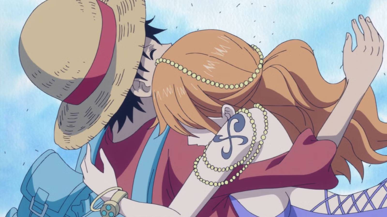 one piece nami hugging luffy