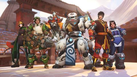 overwatch 2 x avatar the last airbender group shot suki kiriko toph venture aang zenyatta appa orisa zuko genji katara mei