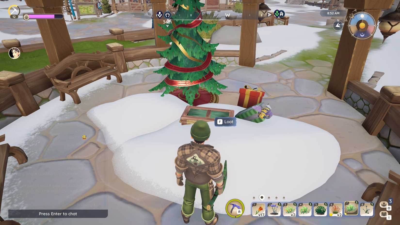 The location of the fifth Winterlights Challenge chest in Palia