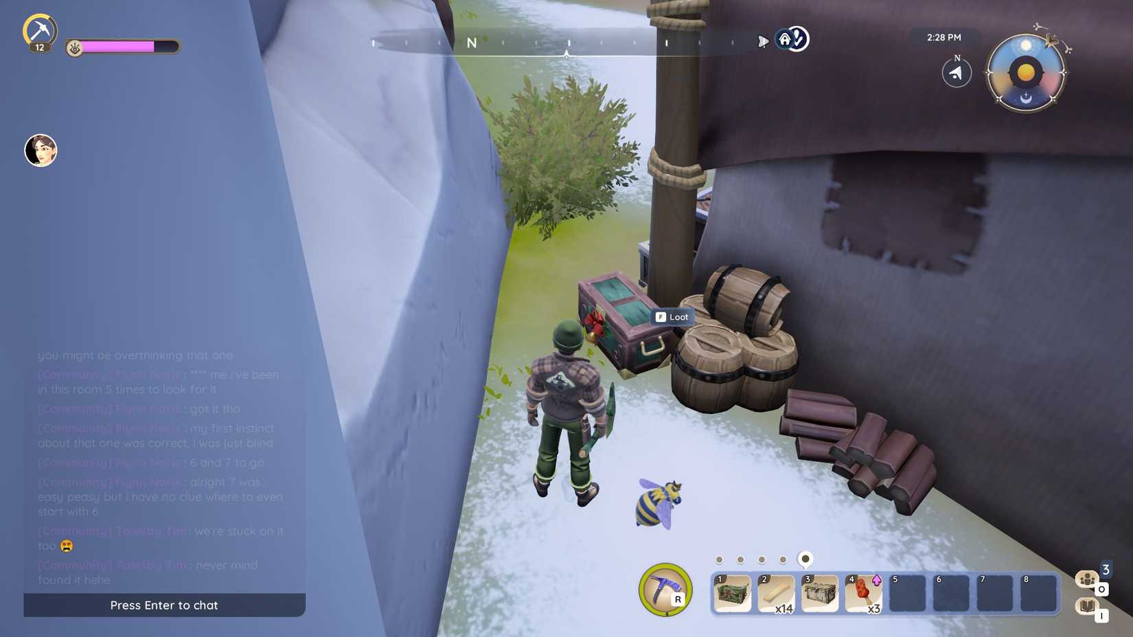 The location of the sixth Winterlights Challenge chest in Palia