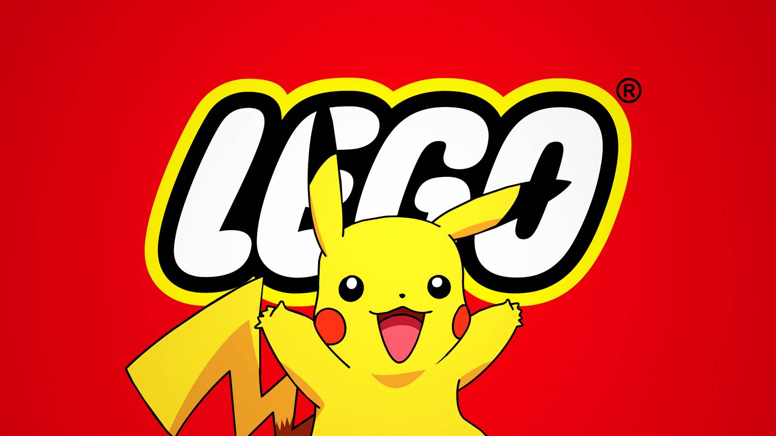 Pikachu happy in front of LEGO logo red background composite
