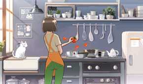 Playing a kitchen mini-game in Rhythm Heaven Groove