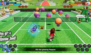 Playing a tennis mini-game in Mario Tennis Fever