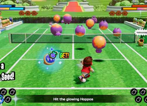 Playing a tennis mini-game in Mario Tennis Fever