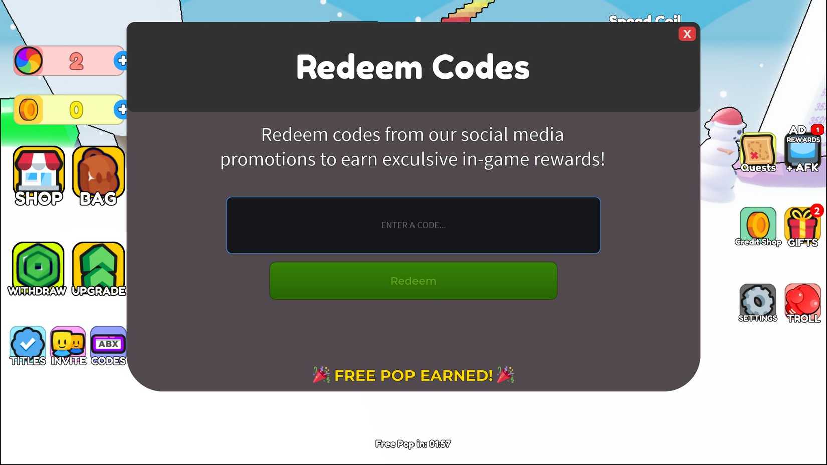 Pop For Free the codes tab