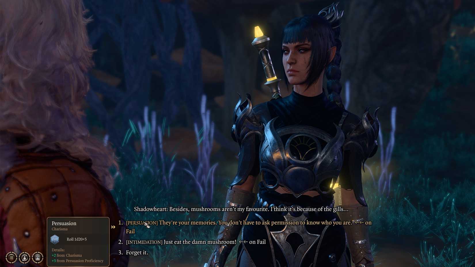 presuade or intimidate shadowheart to eat noblestalk in bg3