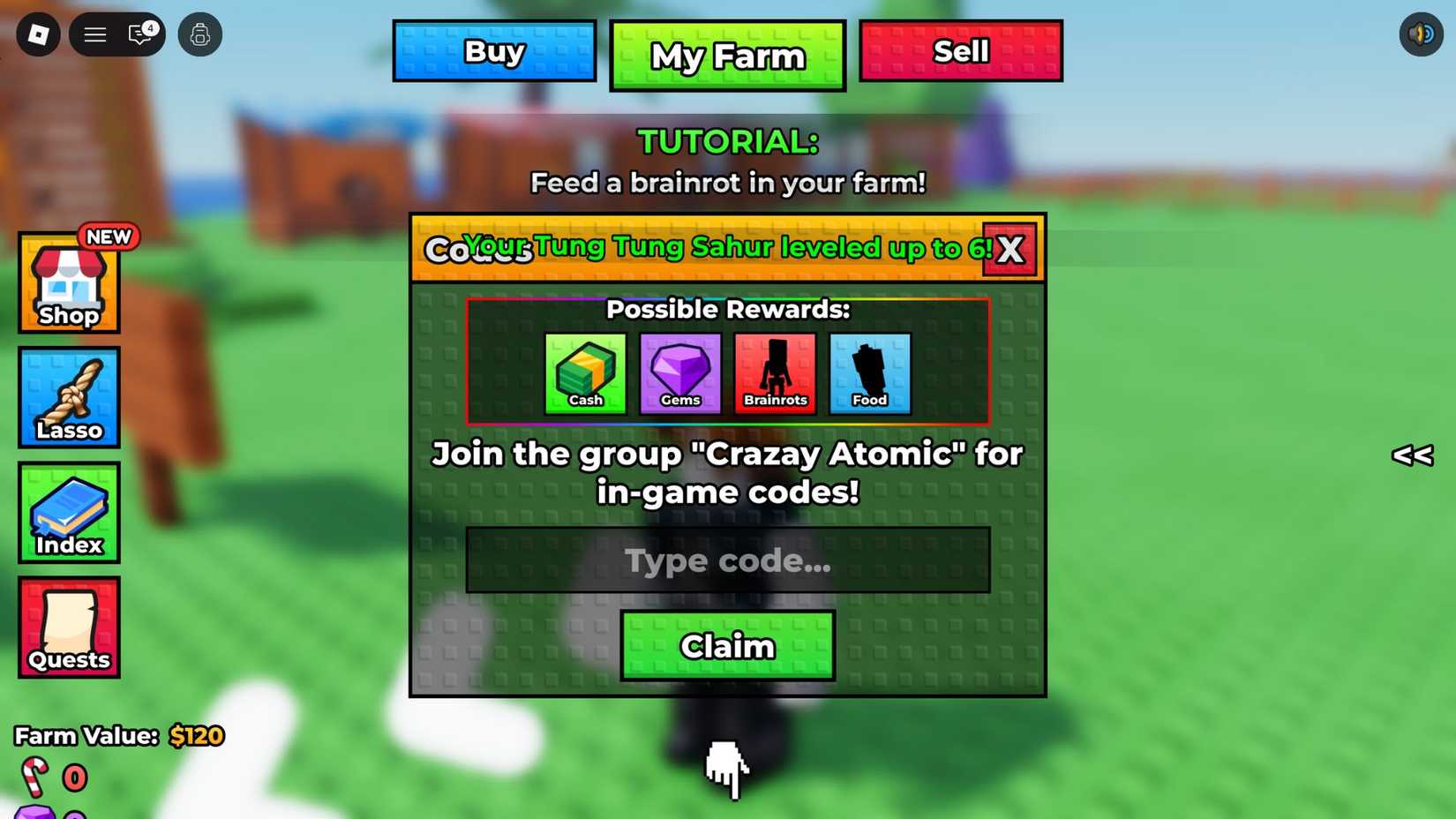 Raise Brainrots the codes tab