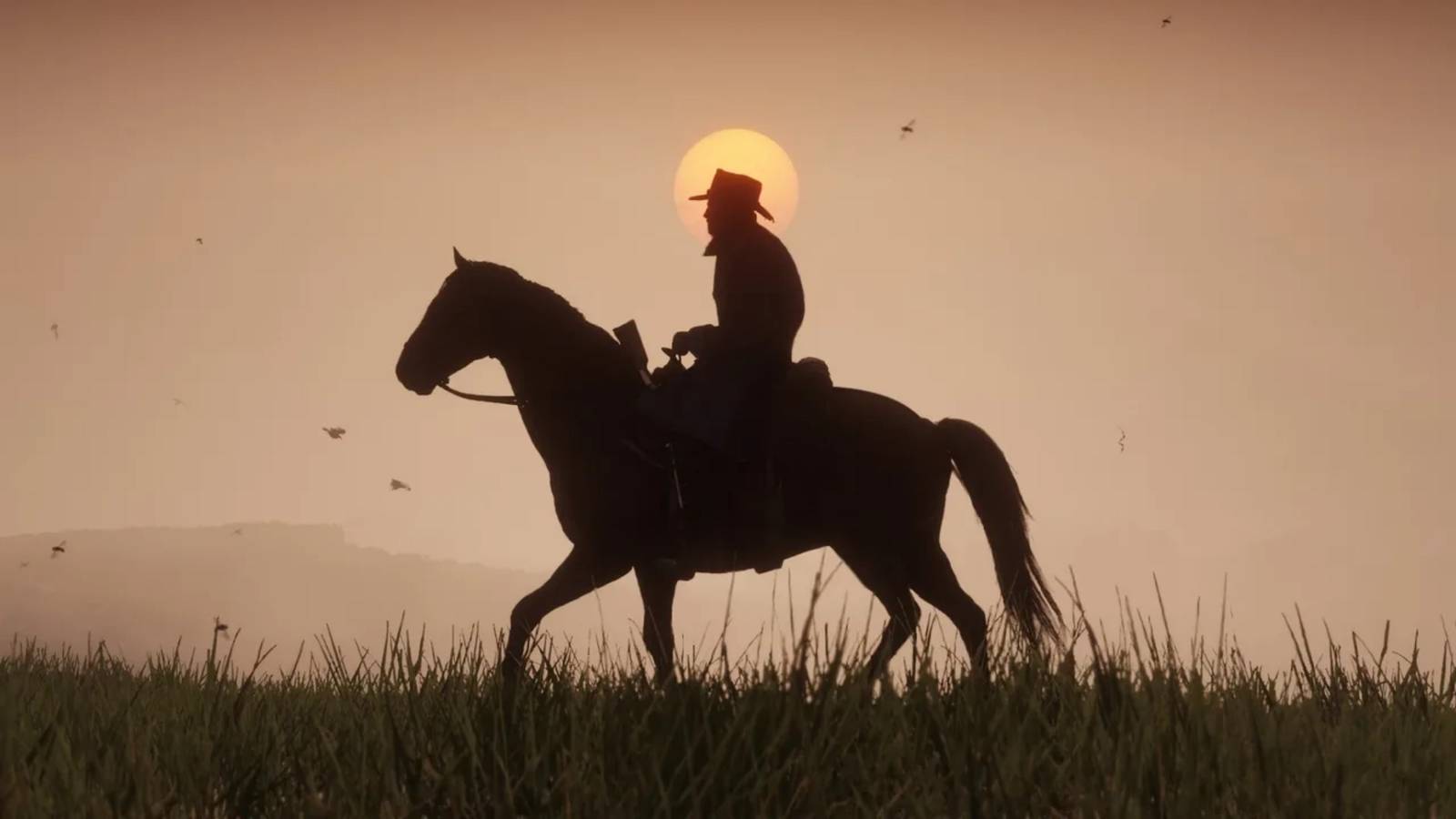 Red Dead Redemption 2 Arthur Rides Horse In Silhouette 