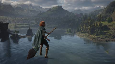 Riding a broom in Hogwarts Legacy (2023)