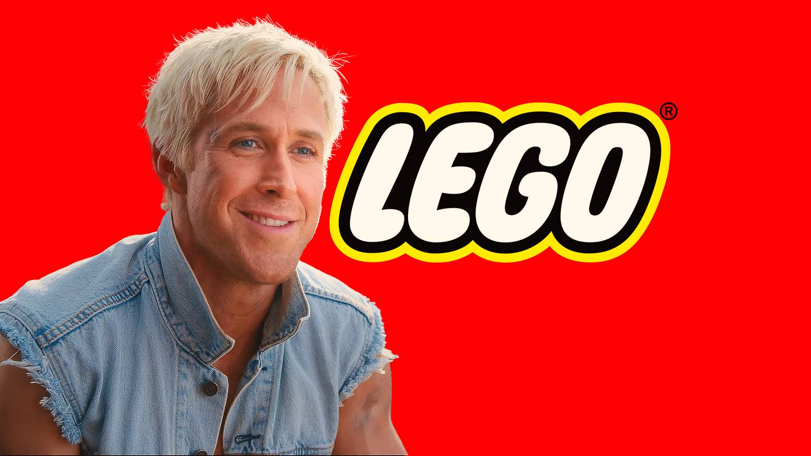 Ryan Gosling as Ken from Barbie next to LEGO logo