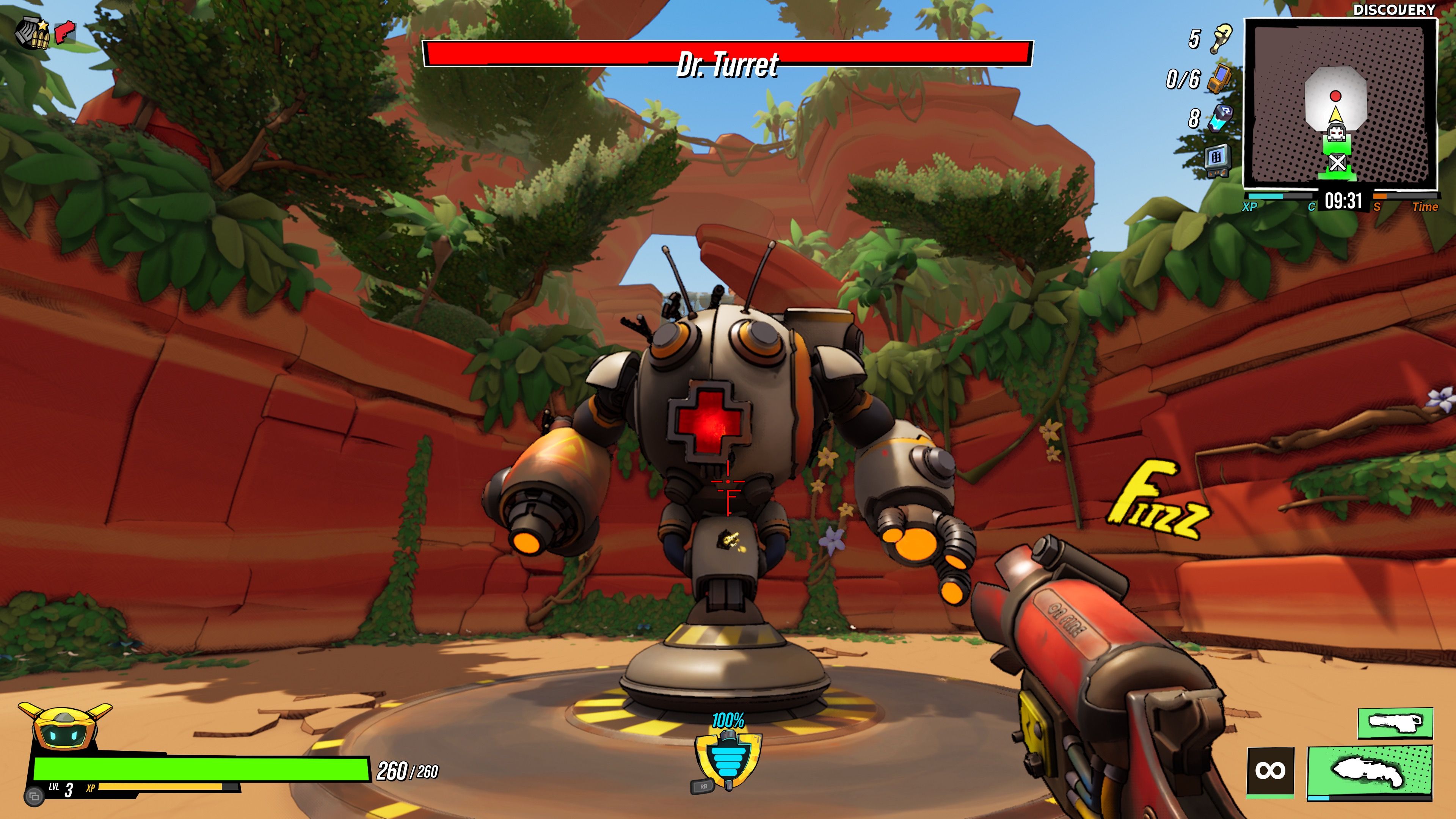 Shooting a boss in Roboquest