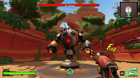 Shooting a boss in Roboquest