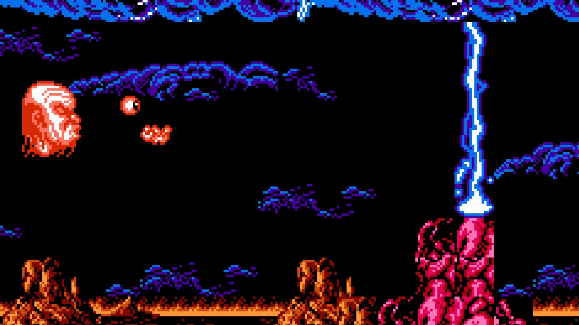 Shooting a boss in Zombie Nation (NES)