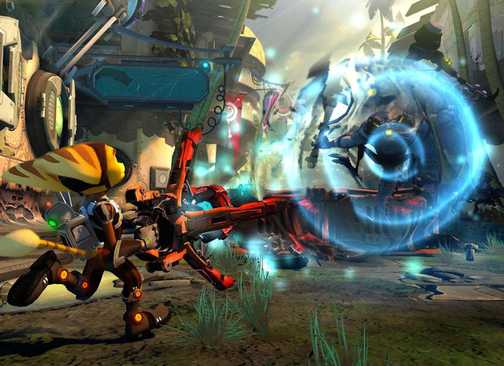 Shooting an enemy in Ratchet & Clank Into the Nexus