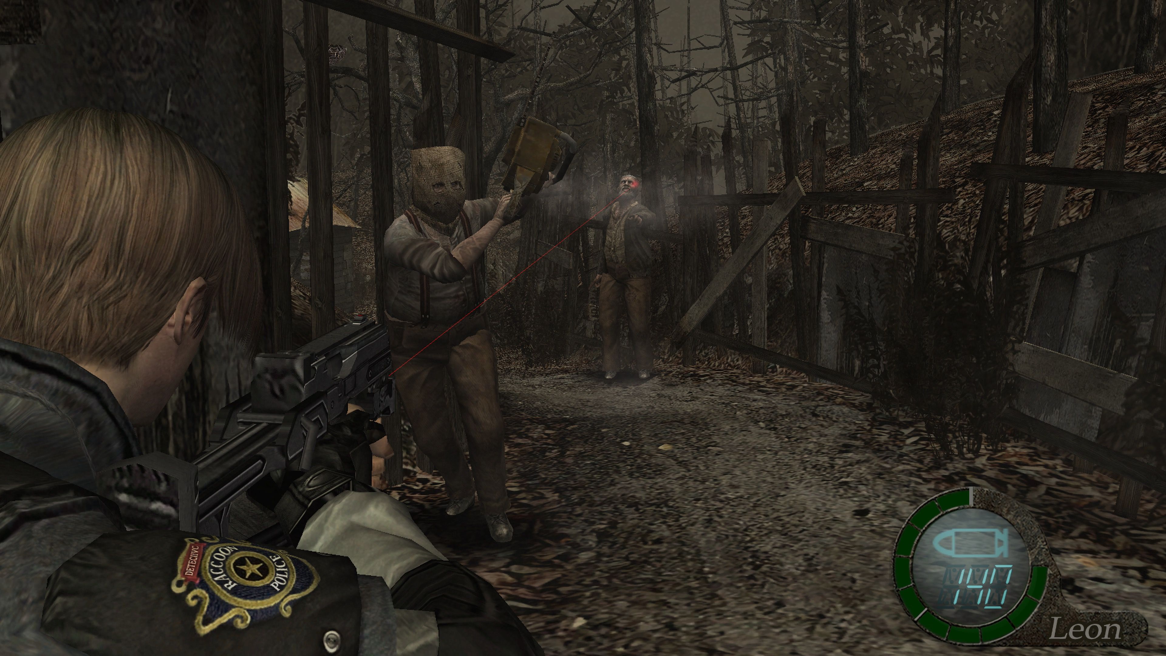 Shooting an enemy in Resident Evil 4 (2005)