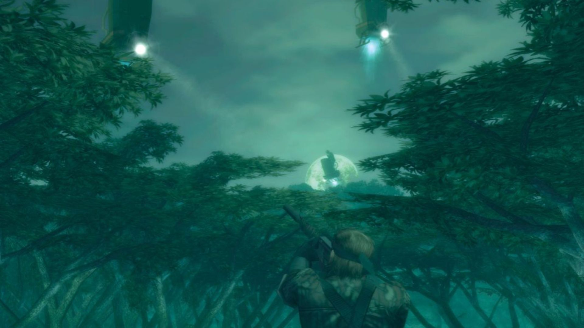 Shooting enemies at night in Metal Gear Solid 3 Snake Eater (2004)