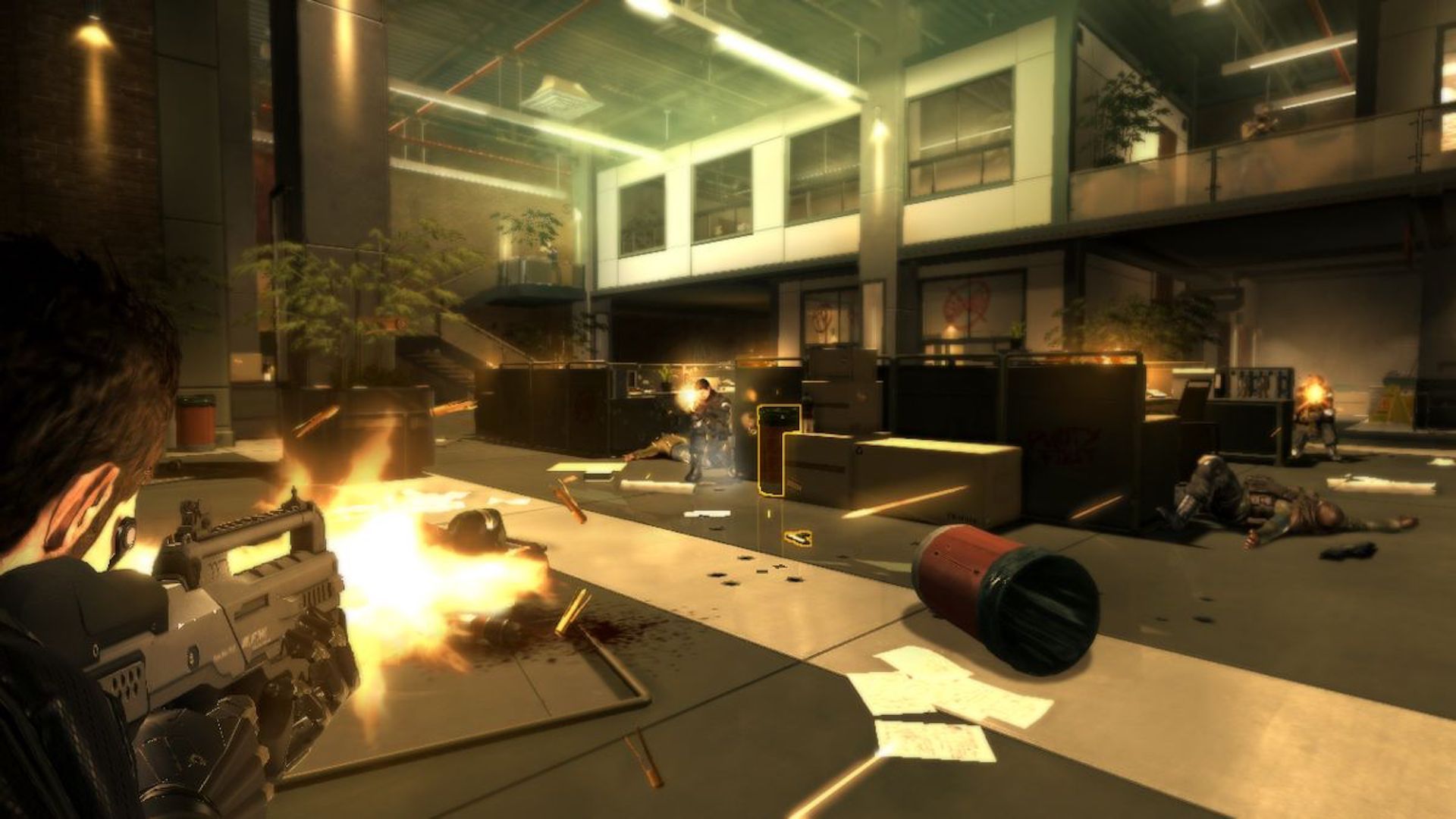 Shooting enemies in Deus Ex Human Revolution (2011)