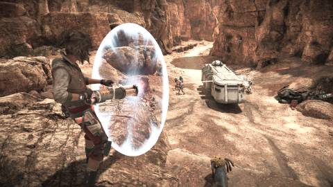 Shooting enemies with the Z-6 Rotary Cannon in Star Wars Outlaws (2024)