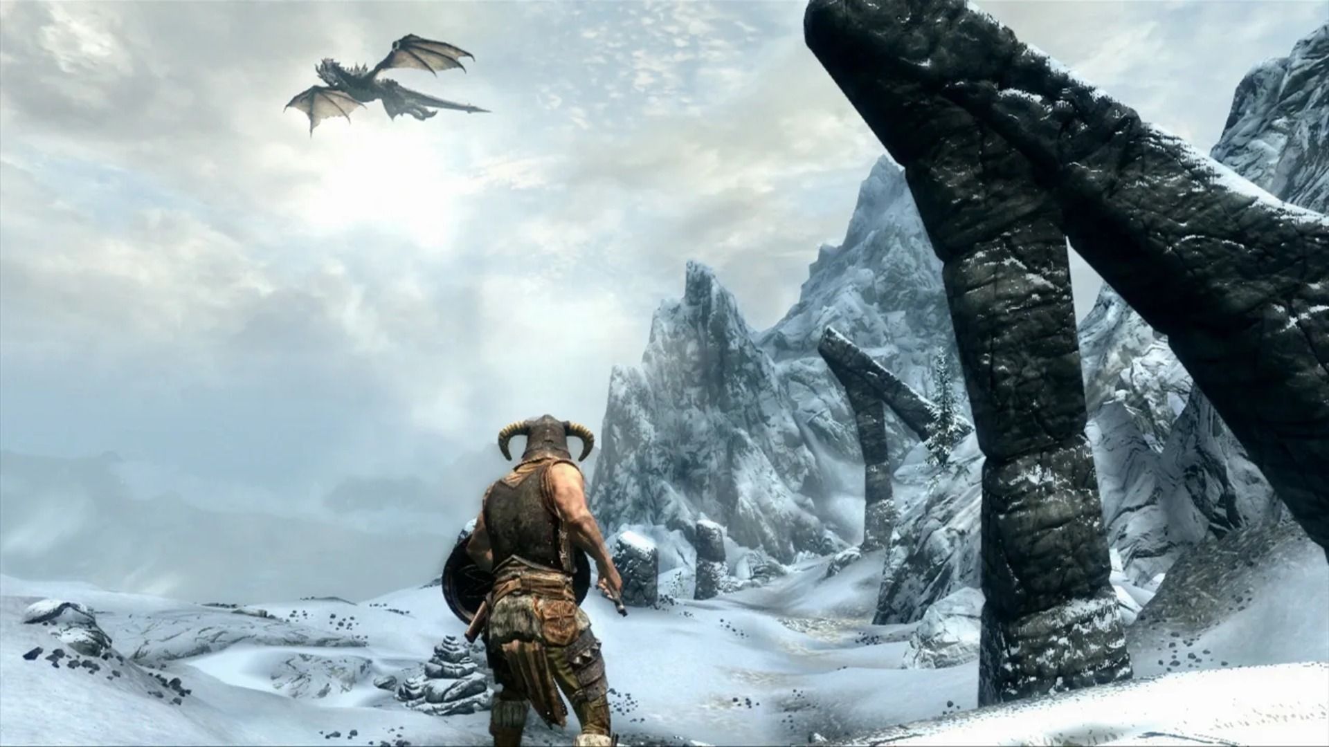Skyrim Character Watches Distant Dragon Flying (1)