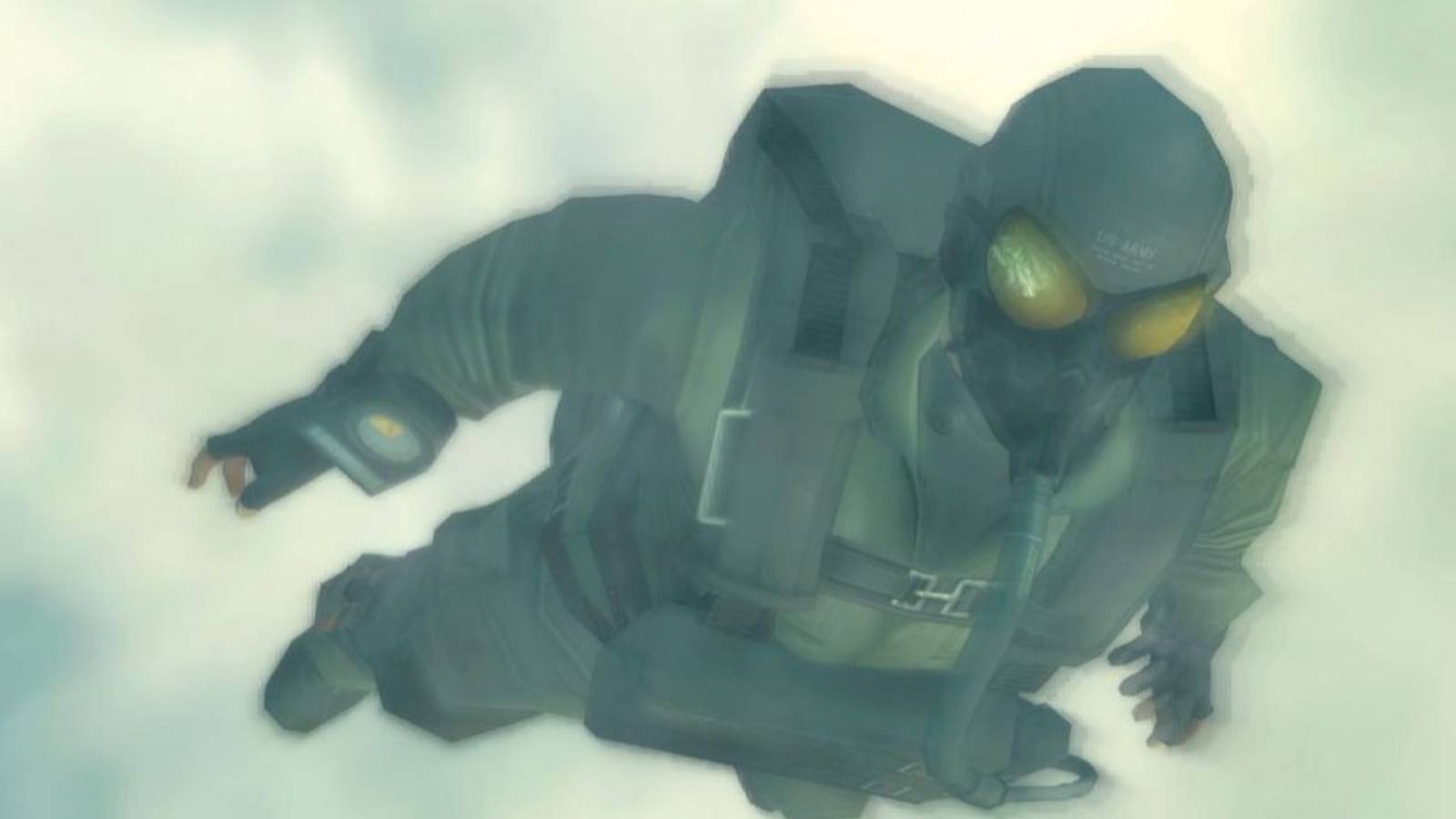 Snake performing a Halo drop in Metal Gear Solid 3 Snake Eater (2004)