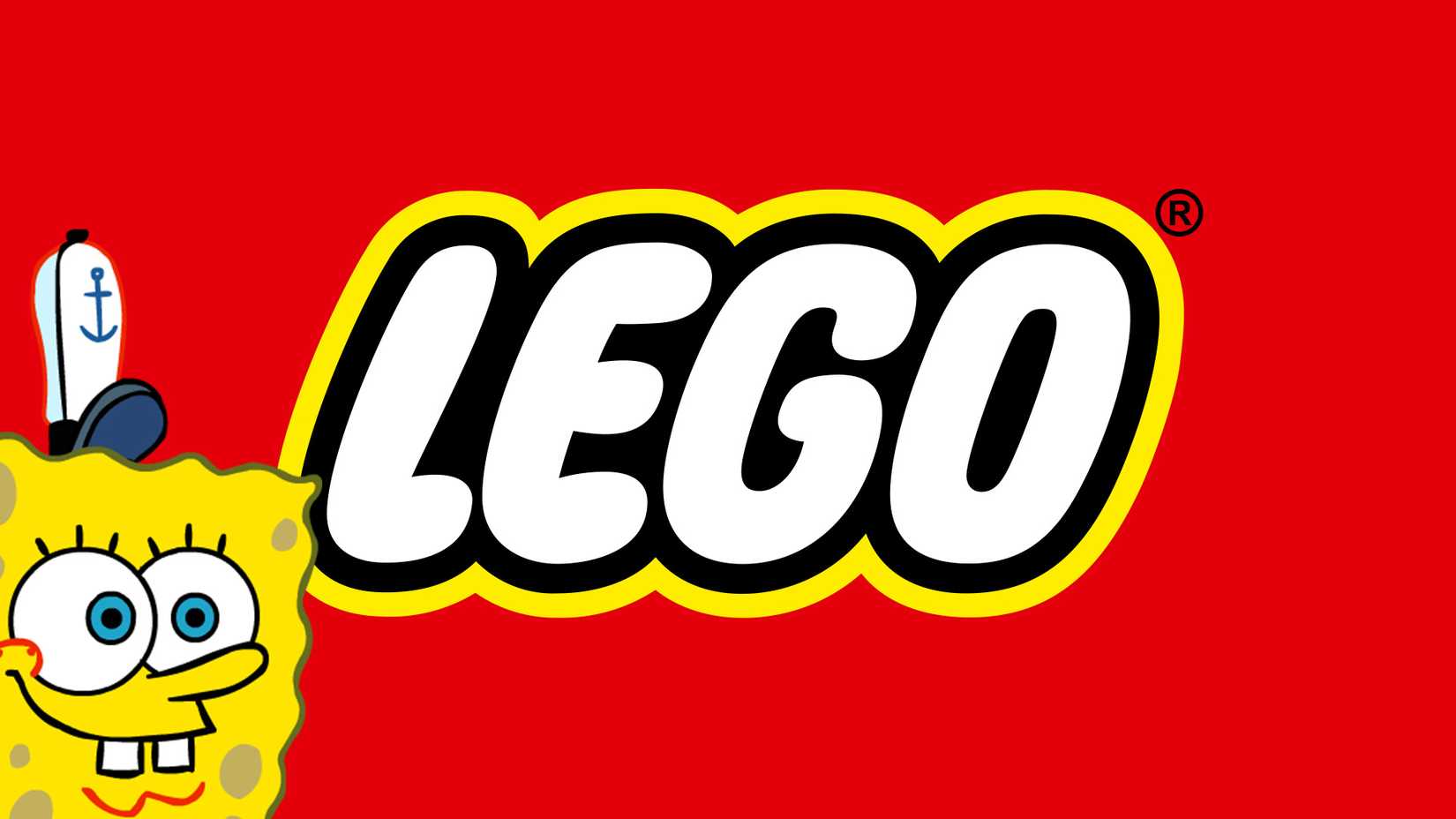SpongeBob looking at LEGO logo