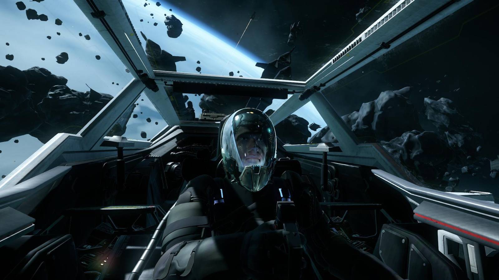 Shot of a pilot flying a spaceship in Star Citizen