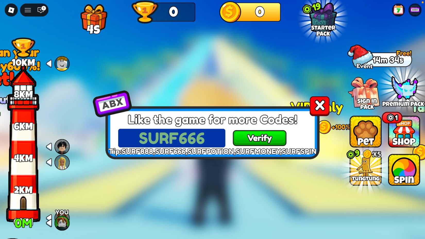 Surfing and Slide the codes tab