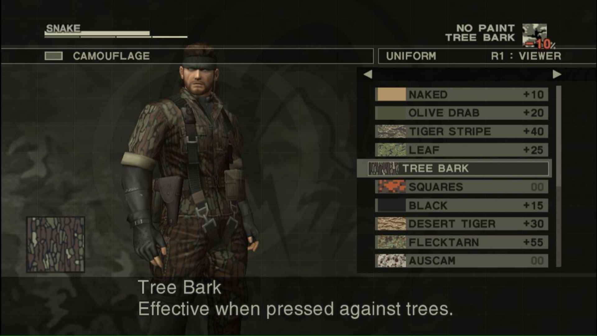 The camo menu in Metal Gear Solid 3 Snake Eater (2004)