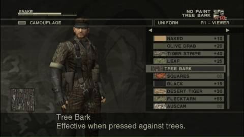 The camo menu in Metal Gear Solid 3 Snake Eater (2004)