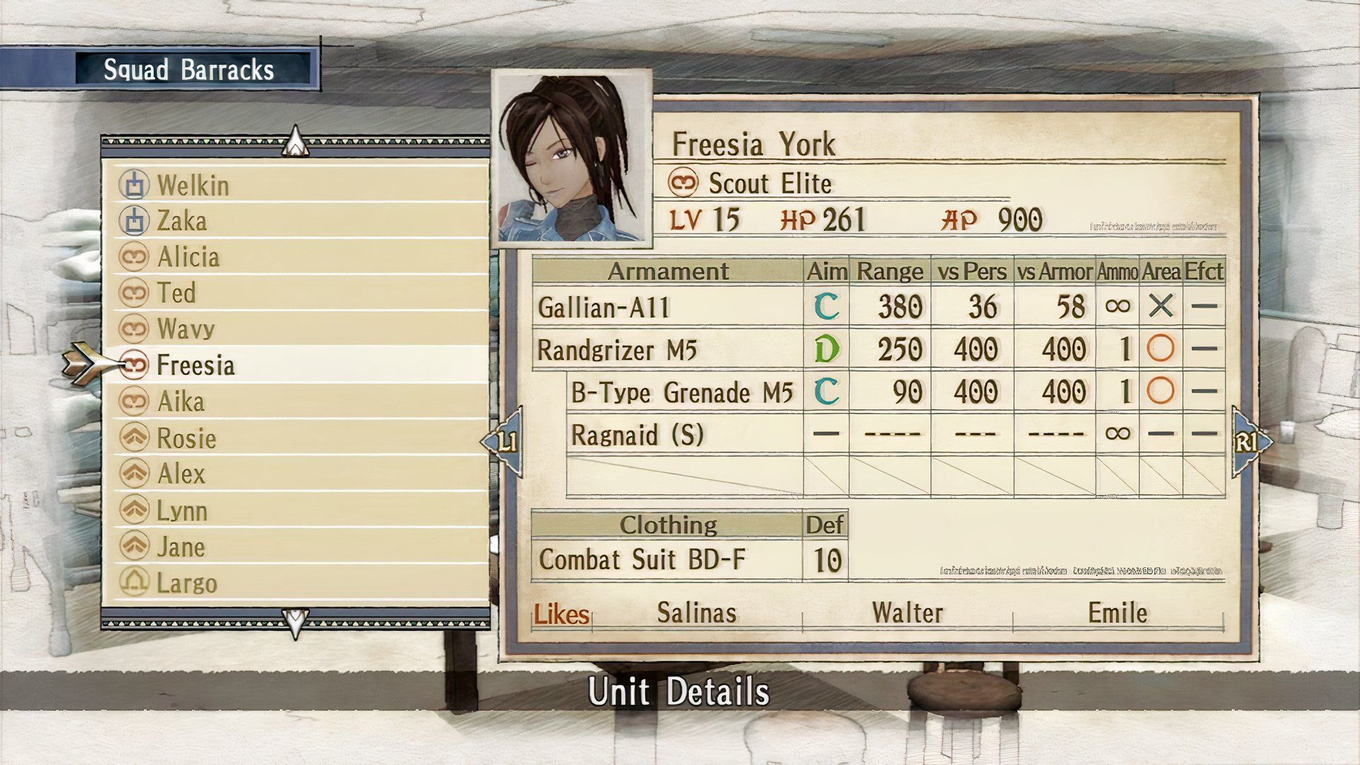 The character menu in Valkyria Chronicles