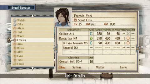The character menu in Valkyria Chronicles