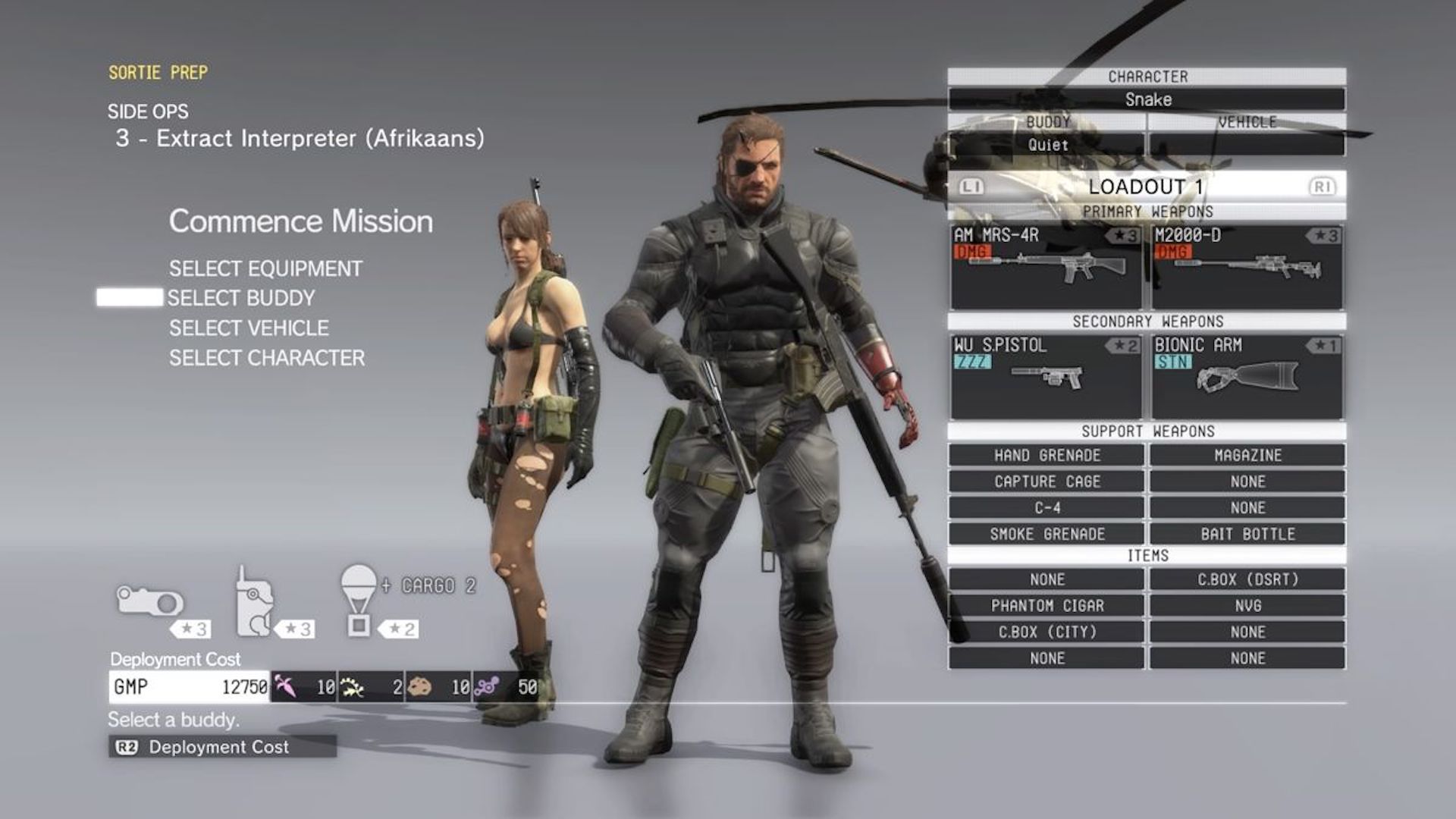 The loadout menu in Metal Gear Solid 5 The Phantom Pain (2015)