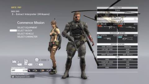 The loadout menu in Metal Gear Solid 5 The Phantom Pain (2015)