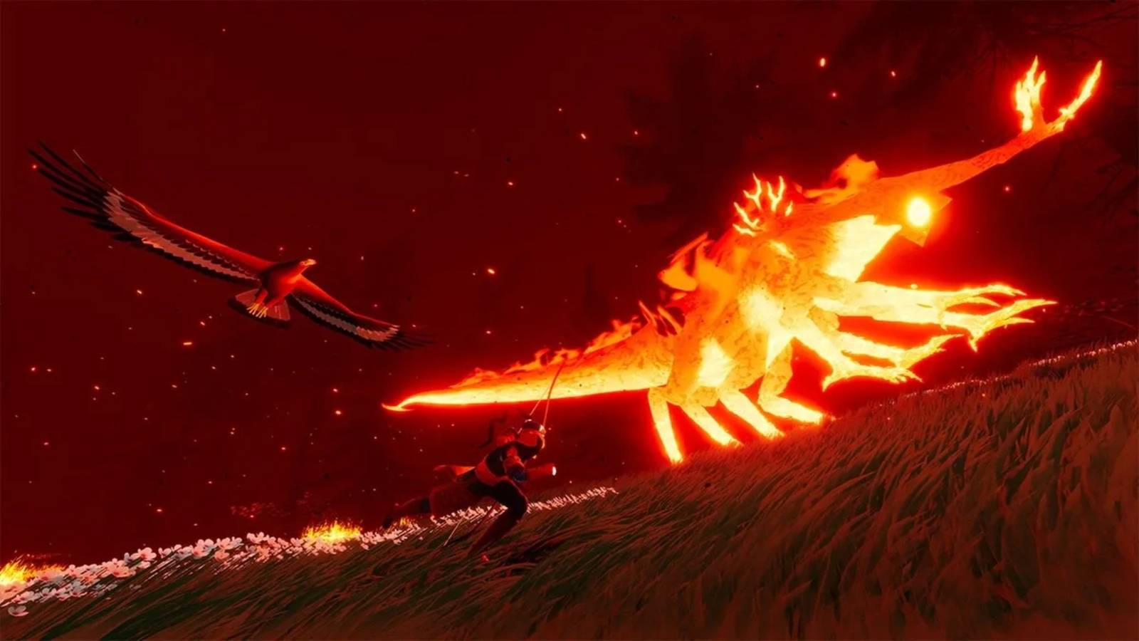 The Pathless Protagonist Runs Past Huge Flaming Creature