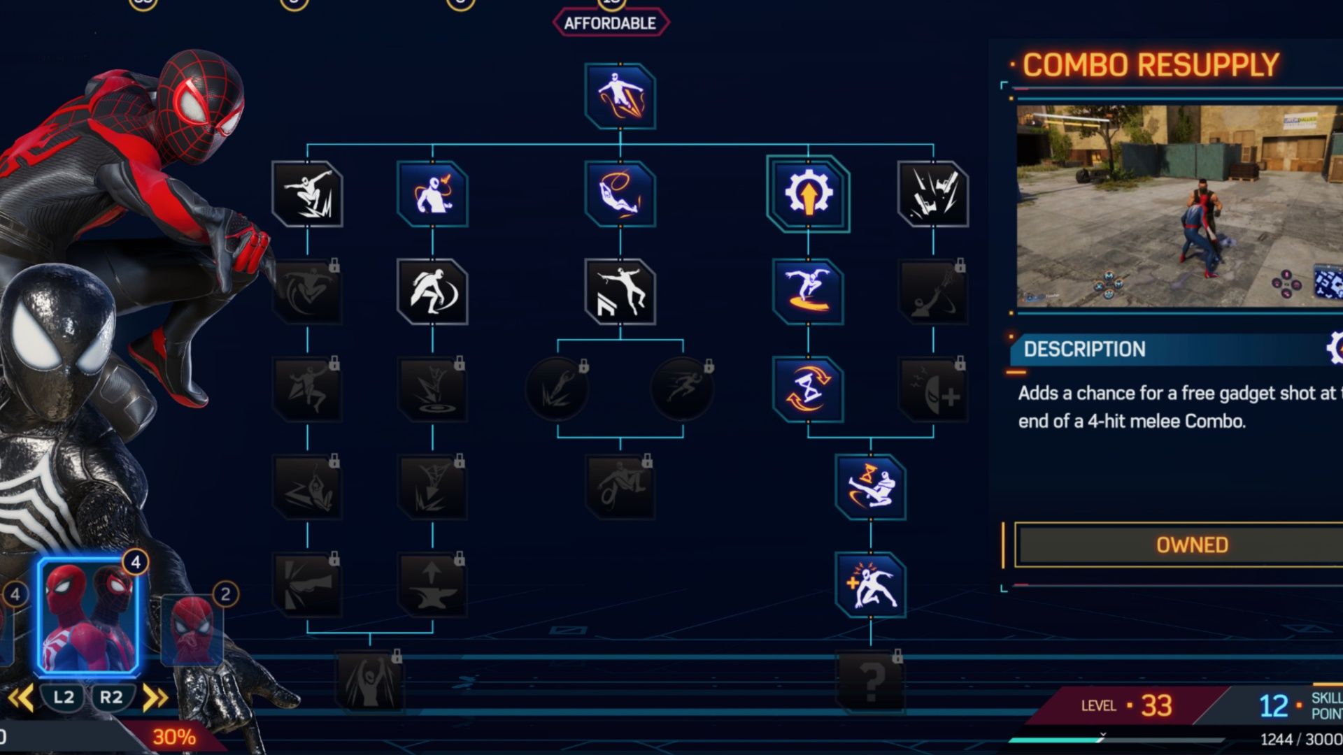 The skill menu in Marvels Spider-Man 2 (2023)