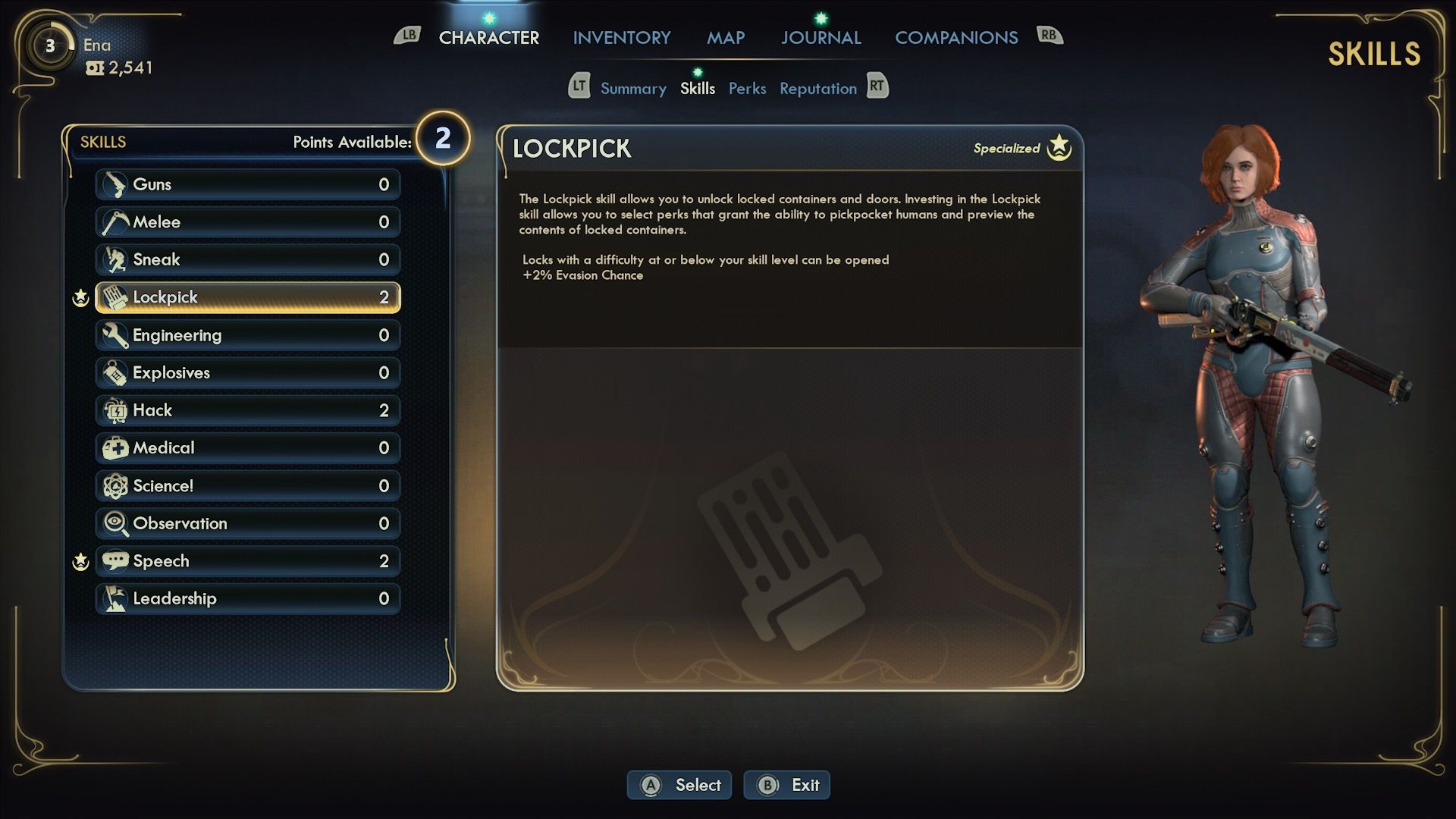 The skill menu in The Outer Worlds 2 (2025)