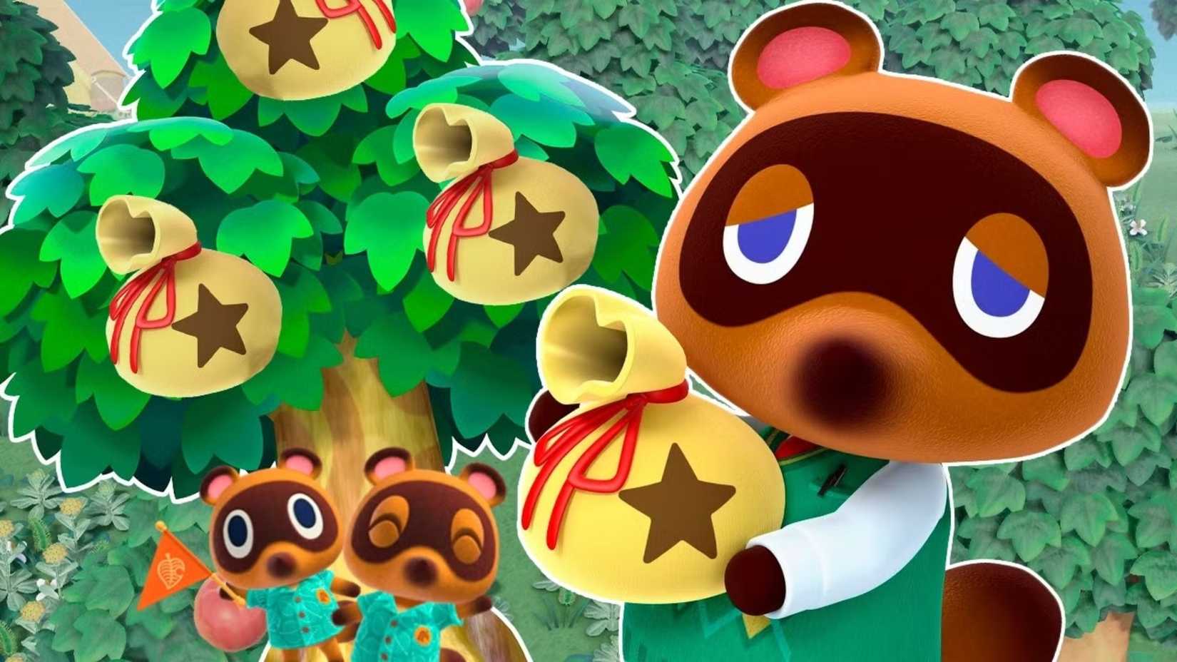 Tom Nook e família segurando sinos 