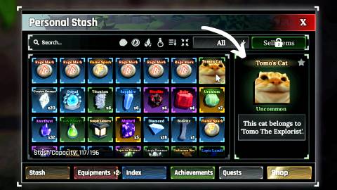 tomo's lost cat in the player's personal stash in the forge