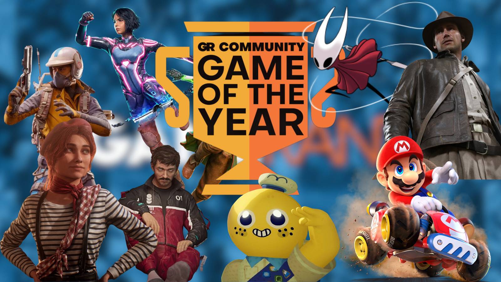 The GR Community GOTY trophy surrounded by characters from 2025 games