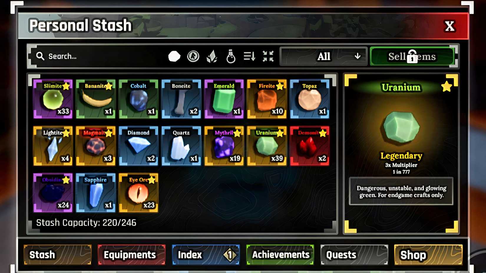 uranium stored in the player's personal stash in the forge