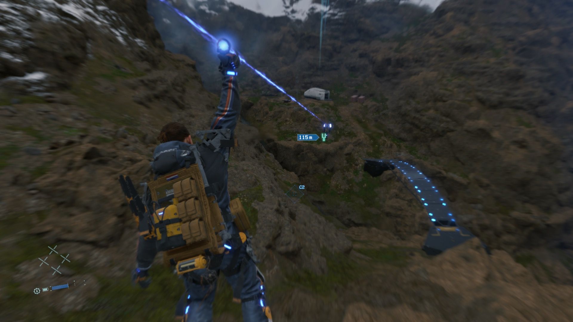 Using a zipline in Death Stranding (2019)