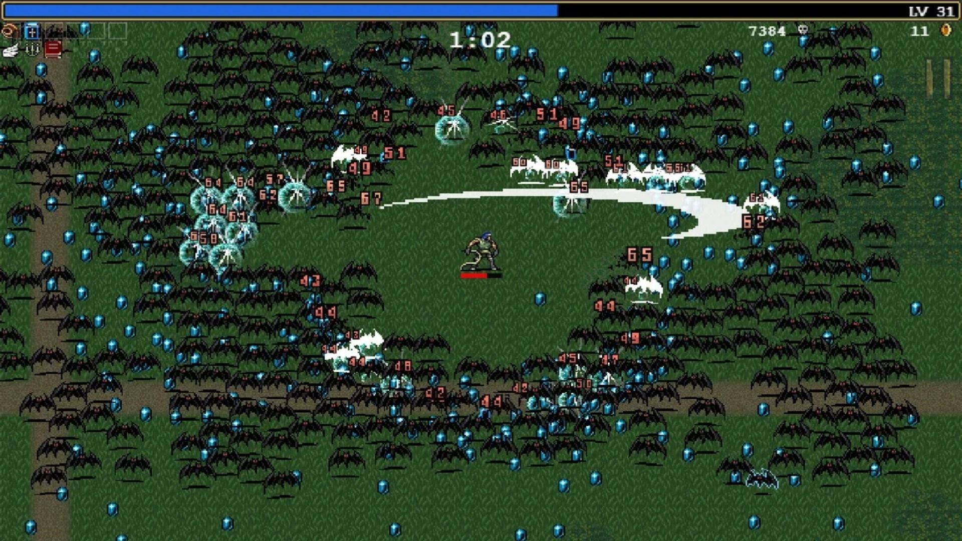 Vampire Survivors Character Swings Weapon At Group Of Bat Enemies